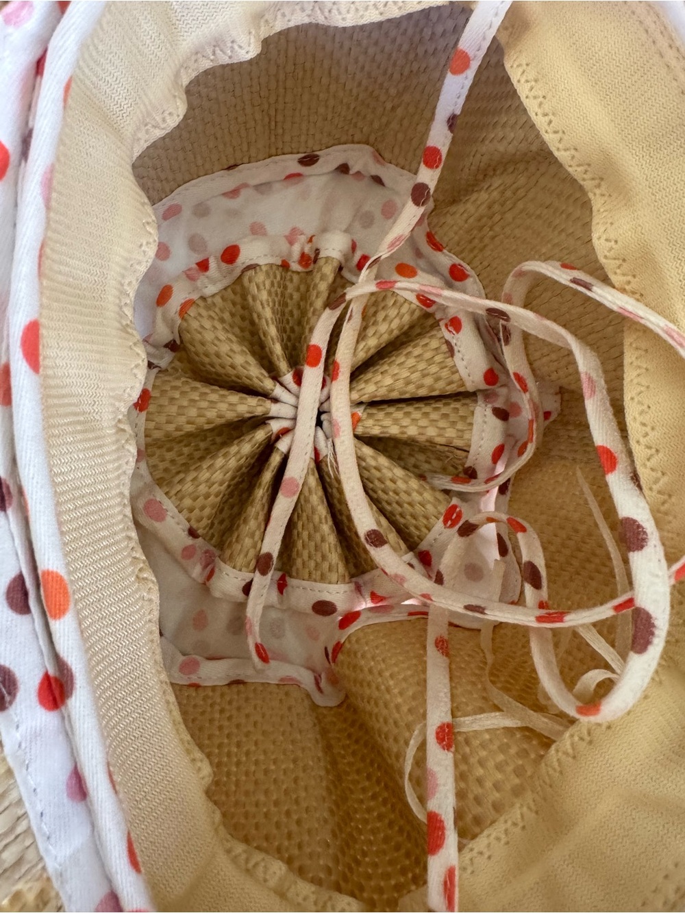 Packable Pleated Straw Sun Hat with Pink Polka Dot Trim - Picture 8 of 10